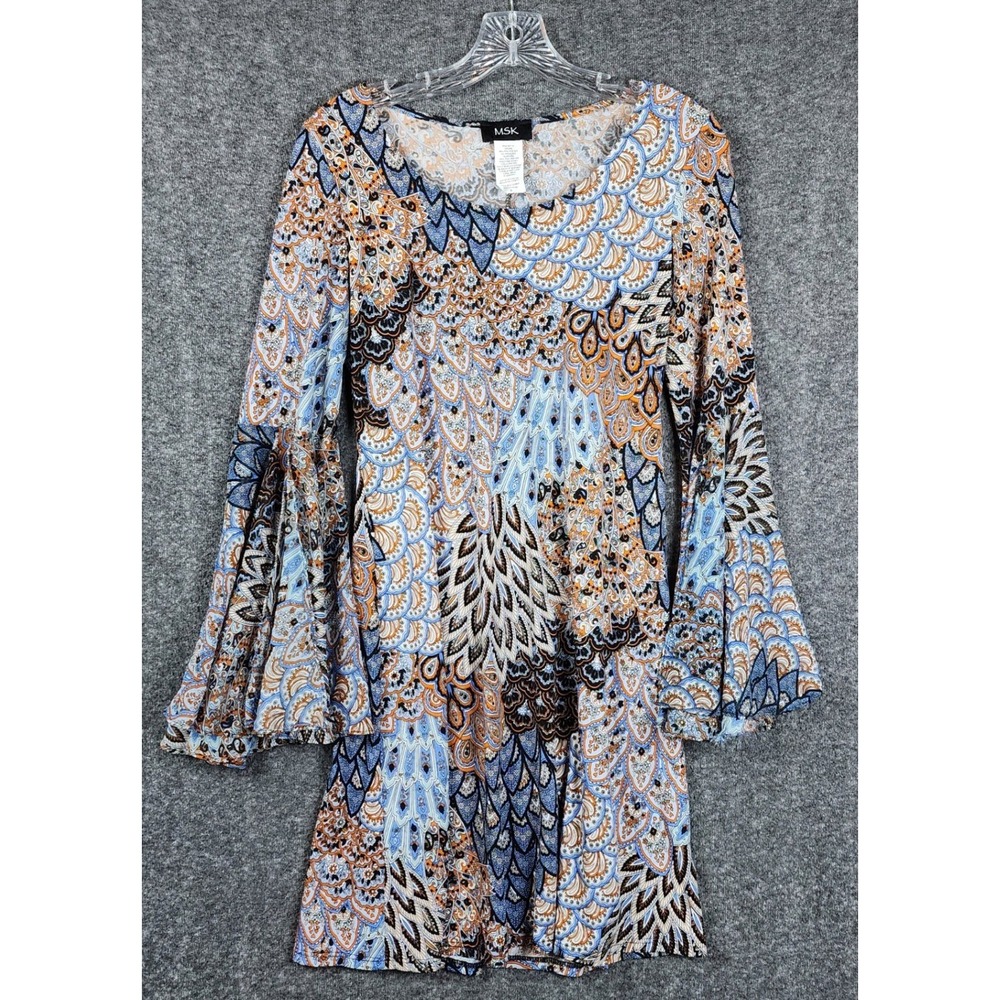 MSK Bell Sleeve Mini Dress Womens Small Blue Orange Paisley Peacock Print 32065P
